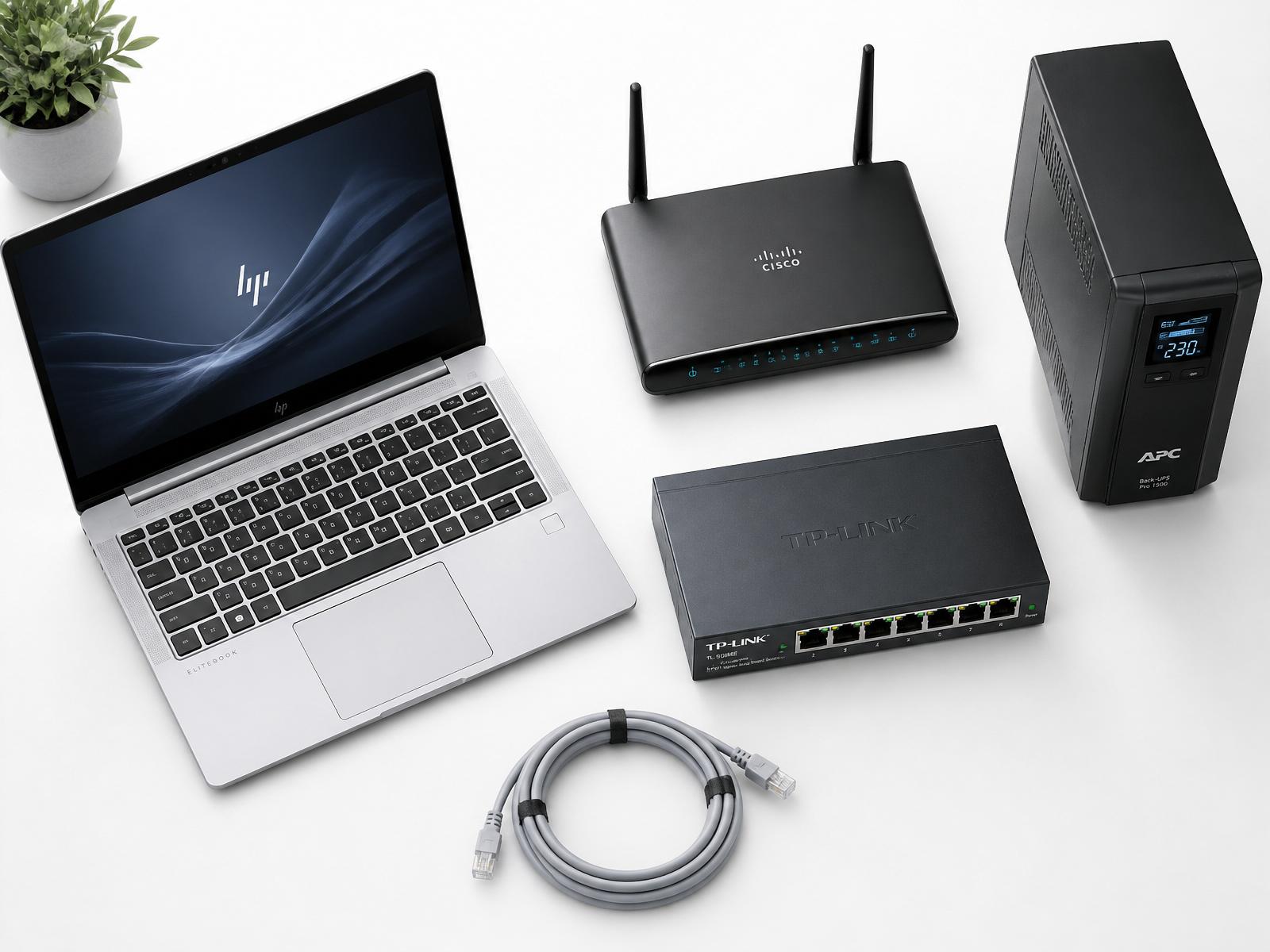 Business laptop, router, network switch, UPS and ethernet cable, IT hardware sold online by Marveltec in South Africa
